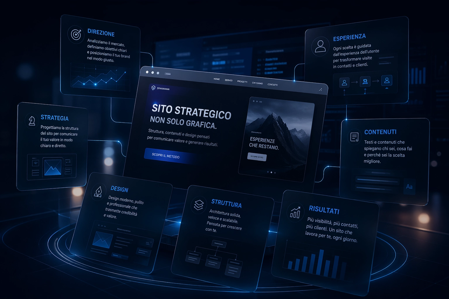 Sistema di progettazione sito web strategico con struttura, contenuti e posizionamento