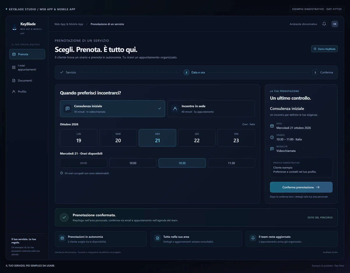 App dimostrativa KeyBlade: scelta del servizio, disponibilità, riepilogo e conferma della prenotazione.